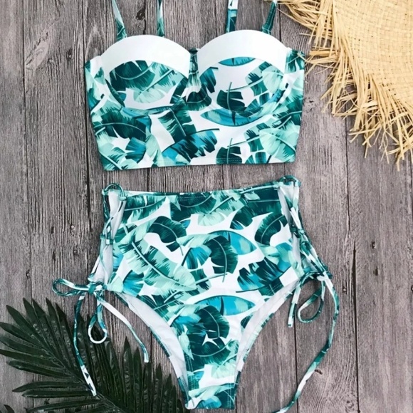 Tropical Leaf Lace Up High Waist Bikini Set - Picture 3 of 8
